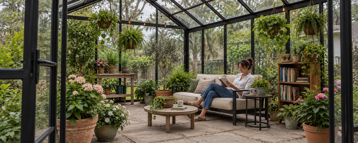 Lifestyle inspiration: a greenhouse reading nook with hanging plants, flowers and a wooden coffee table.