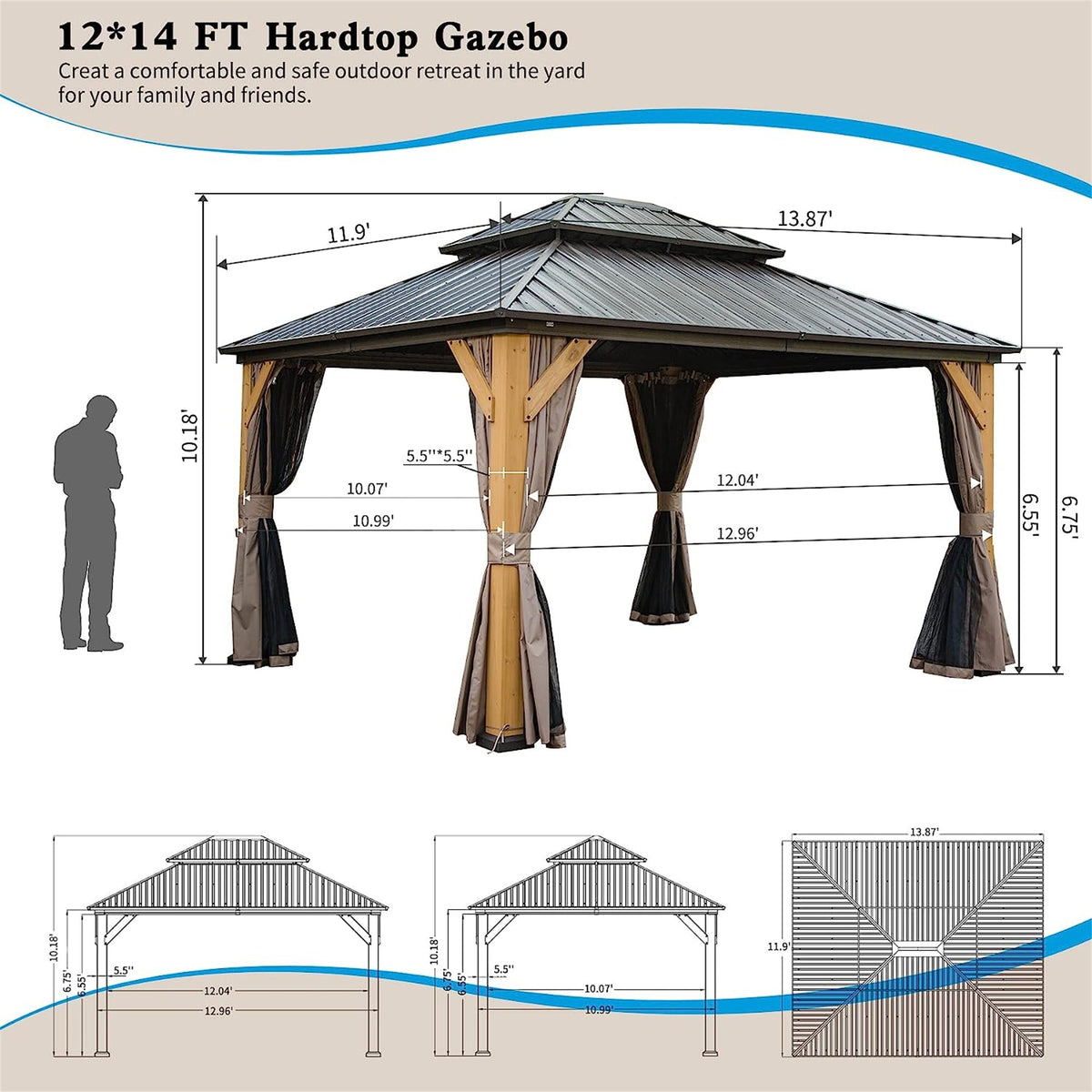 12'x14' Hardtop Gazebo with Galvanized Steel Roof - Brown Cedar