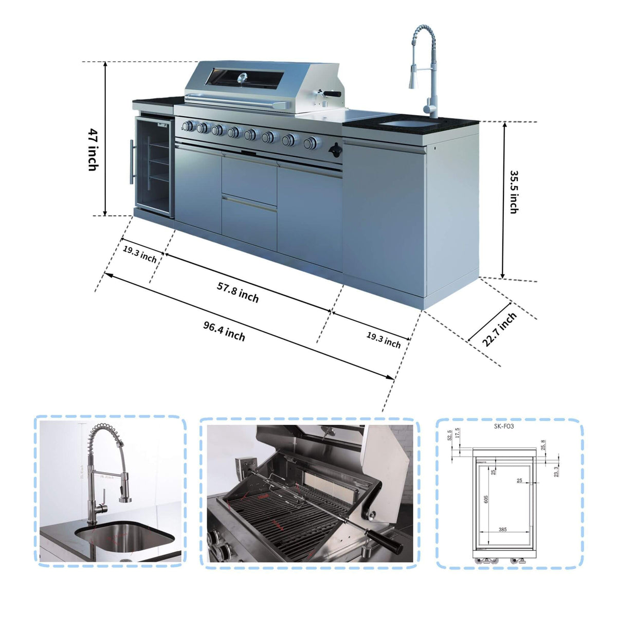 Capri 96-Inch Outdoor Kitchen with 6-Burner Propane Grill & Refrigerator